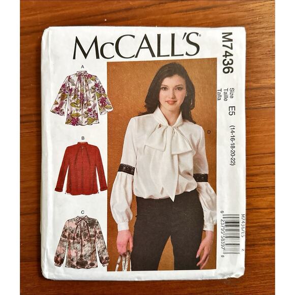 UNCUT MCCALL'S M7436 Blouse Bow Neck Pattern 14-22 - Picture 1 of 2